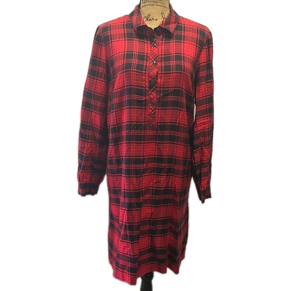 J Jill Red Black Plaid Tencel Lyocell Popover Shirt Dress sz S Preppy Cabincore